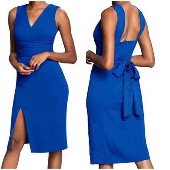 Dress The Population Alessia Crepe Midi Slit Leg Midi Dress Electric Blue Small - Picture 1 of 12